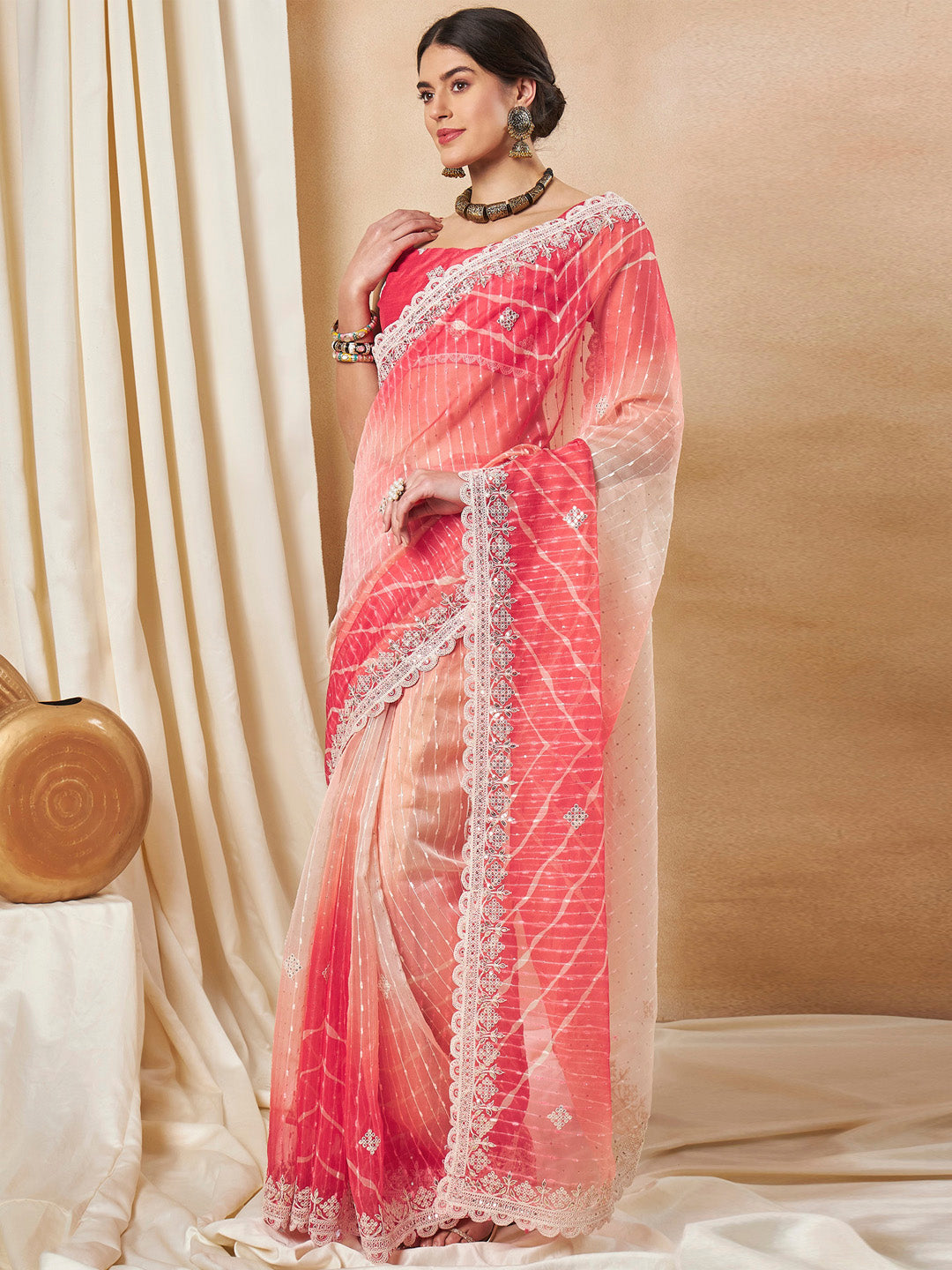 Net Red Embellished Designer Saree With Blouse