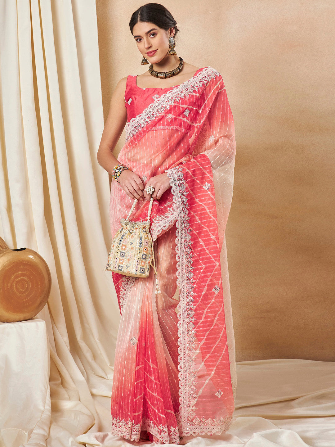 Net Red Embellished Designer Saree With Blouse