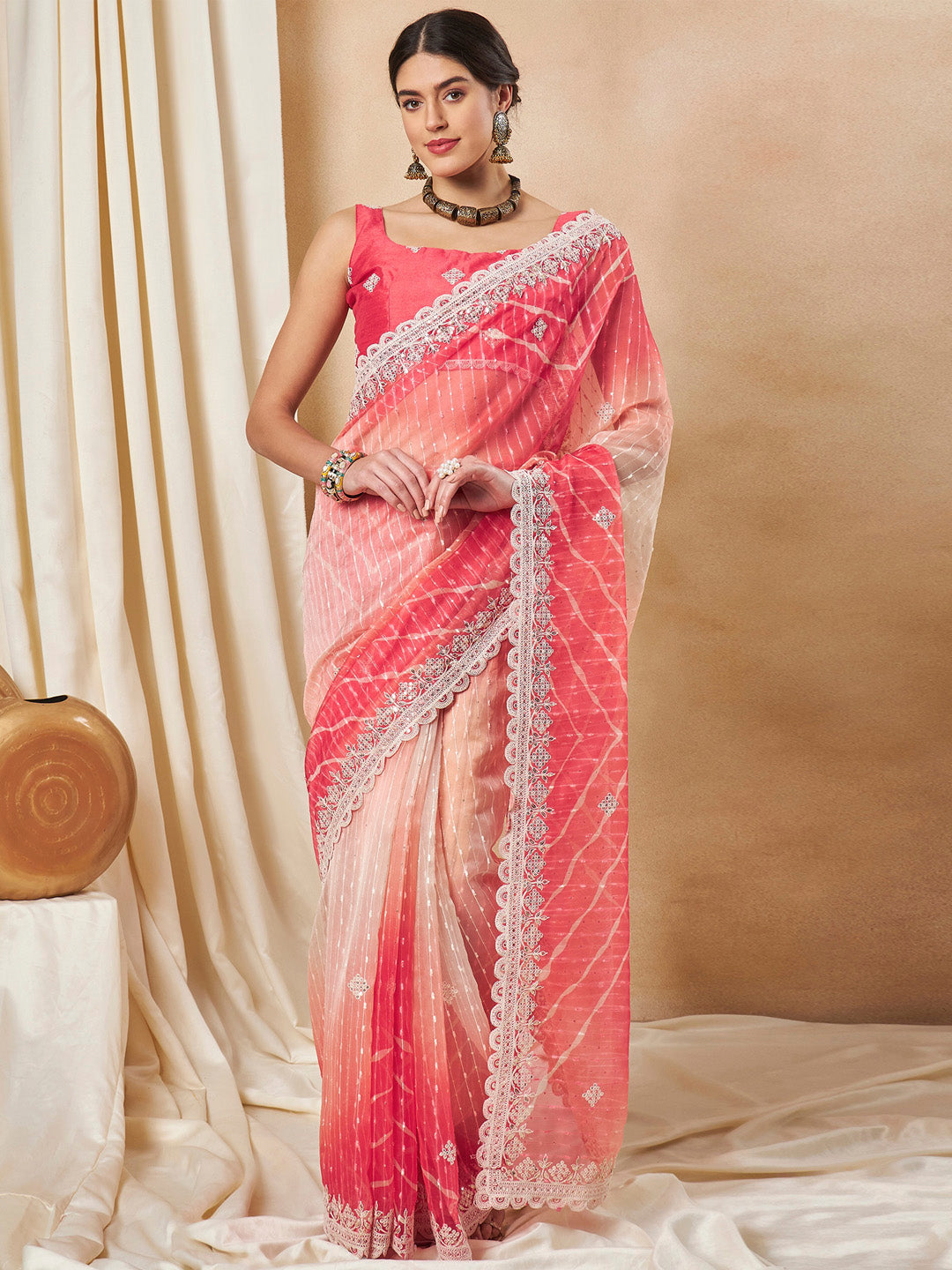 Net Red Embellished Designer Saree With Blouse