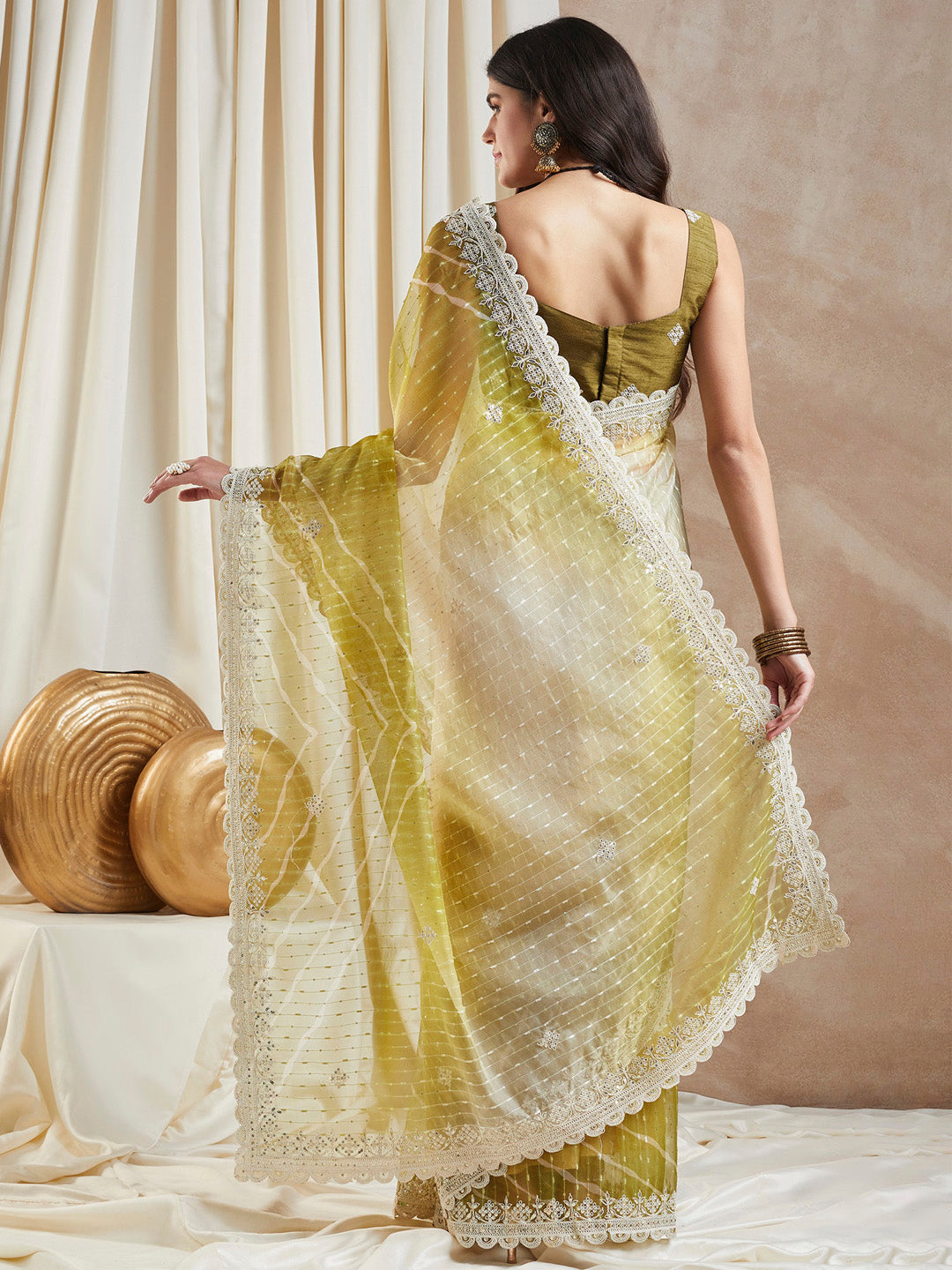 Net Olive Embellished Designer Saree With Blouse