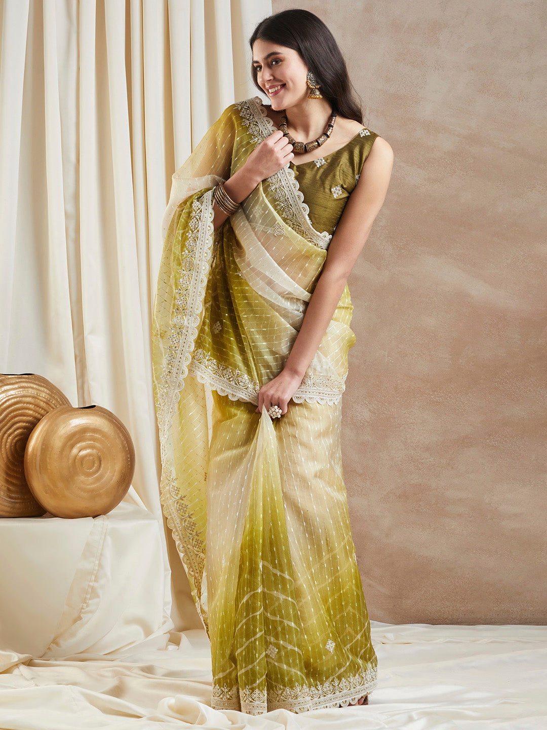 Net Olive Embellished Designer Saree With Blouse