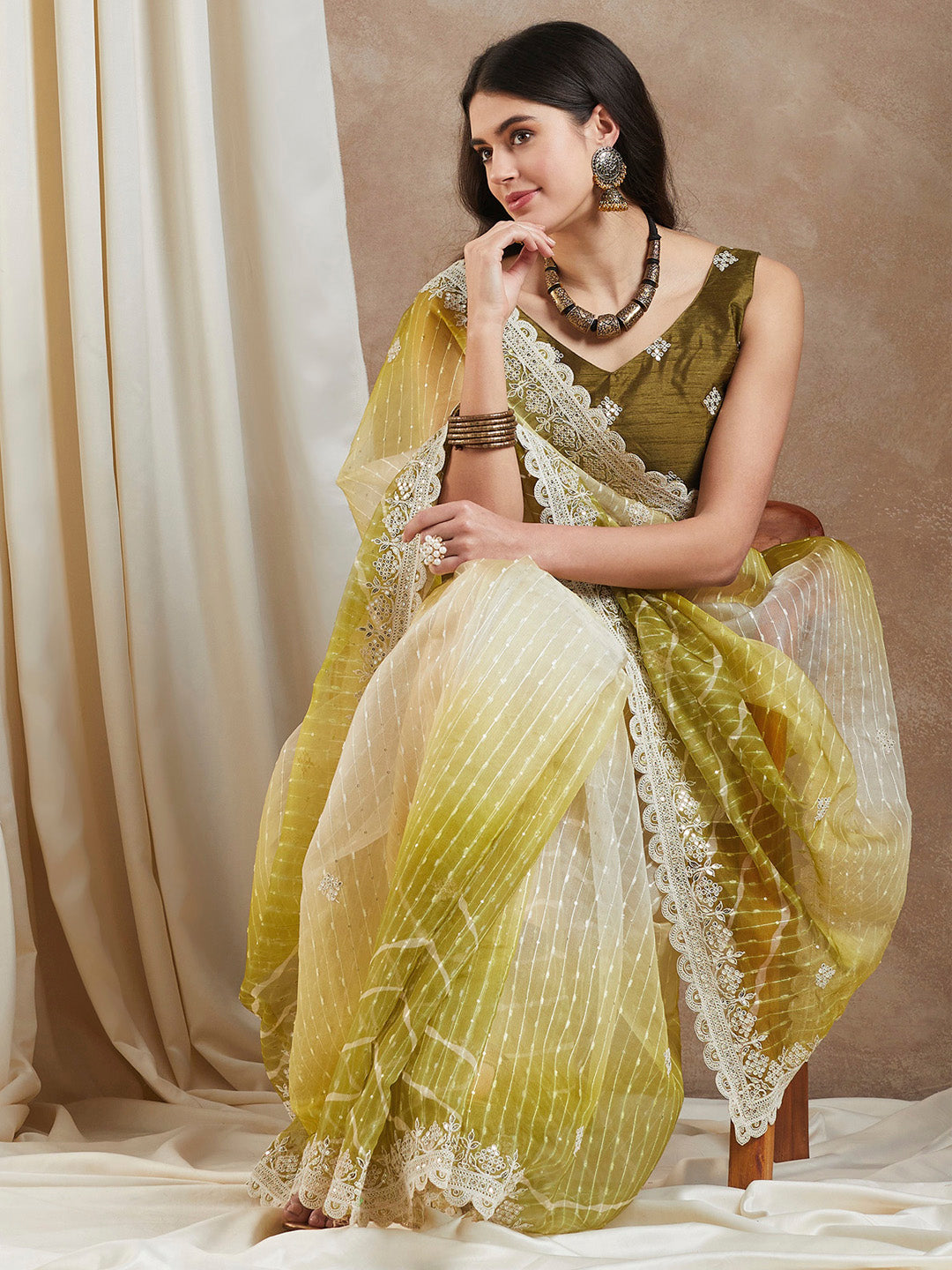 Net Olive Embellished Designer Saree With Blouse