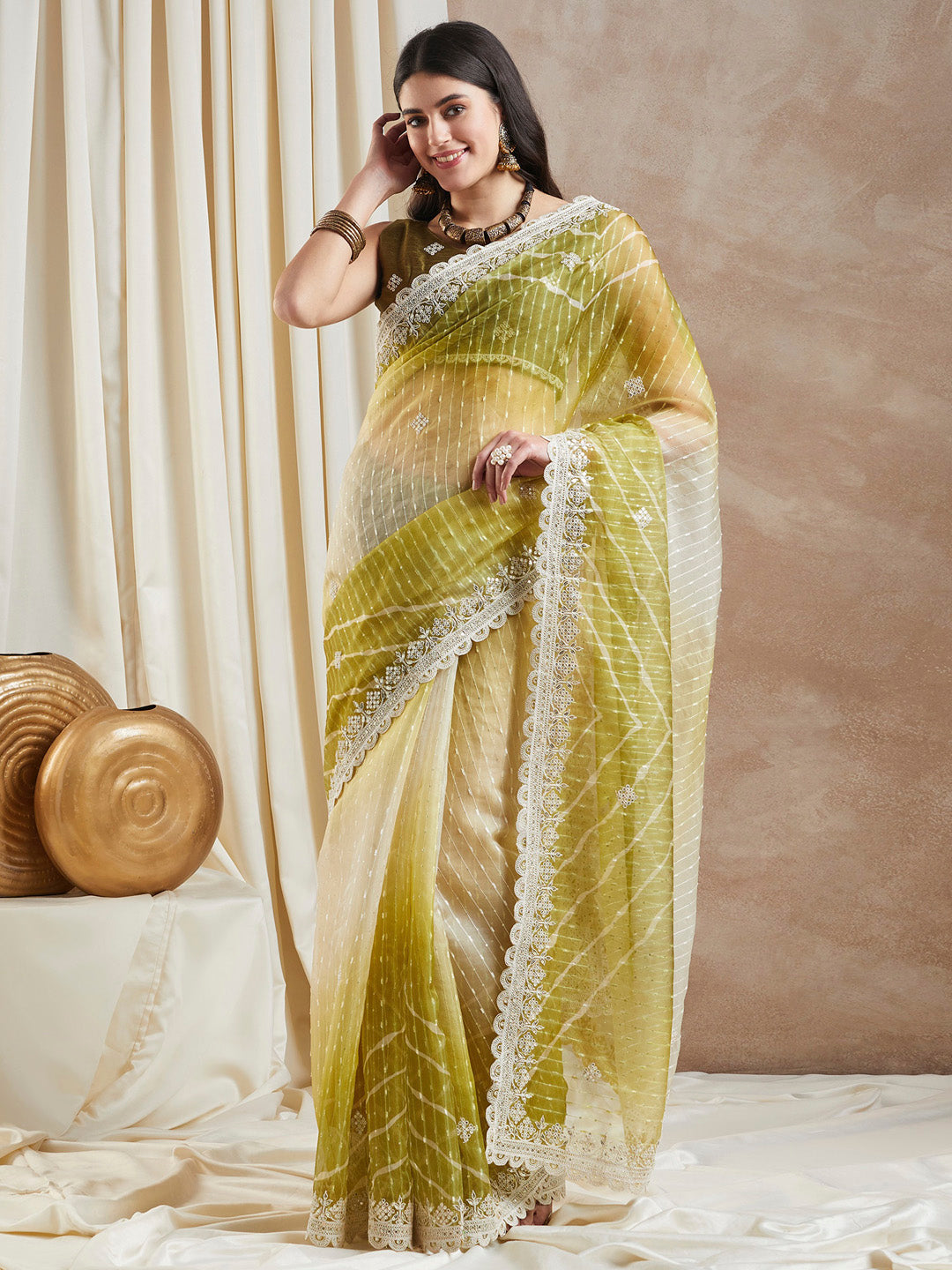 Net Olive Embellished Designer Saree With Blouse