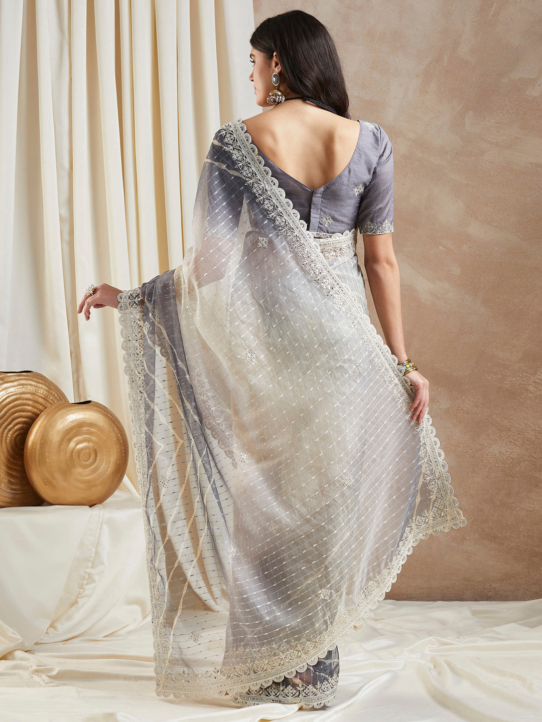 Net Grey Embellished Designer Saree With Blouse