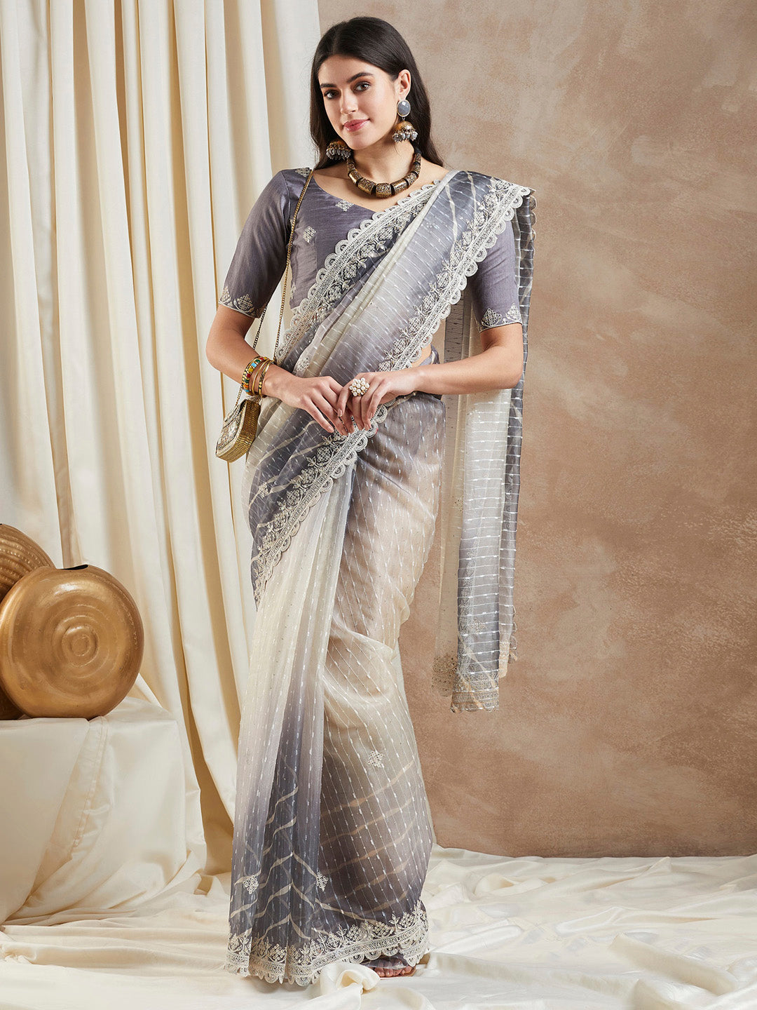 Net Grey Embellished Designer Saree With Blouse