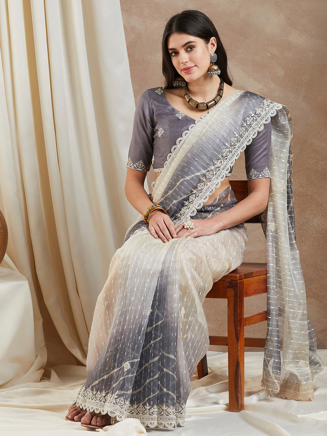 Net Grey Embellished Designer Saree With Blouse