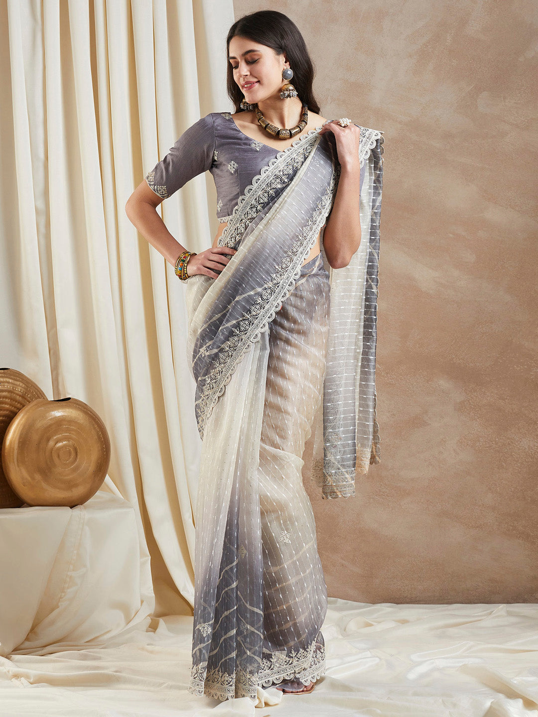 Net Grey Embellished Designer Saree With Blouse