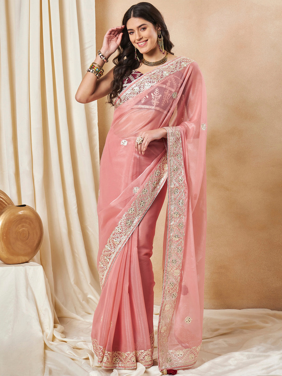 Organza Peach Embellished Designer Saree With Blouse