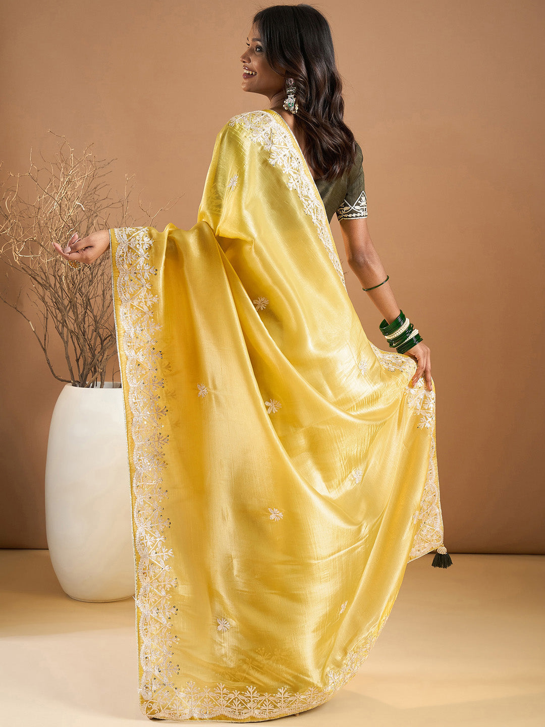 Paper Silk Yellow Embroidered Designer Saree With Blouse