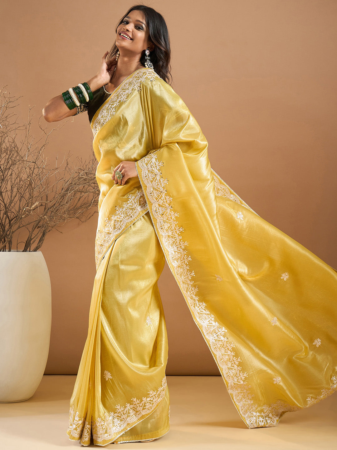 Paper Silk Yellow Embroidered Designer Saree With Blouse