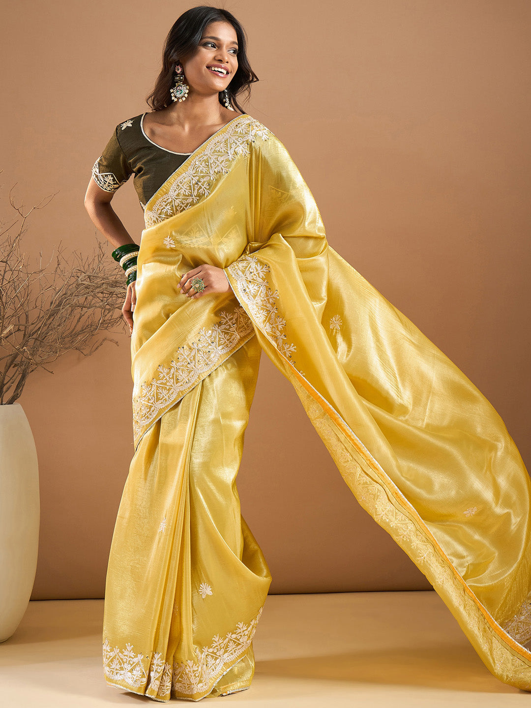 Paper Silk Yellow Embroidered Designer Saree With Blouse