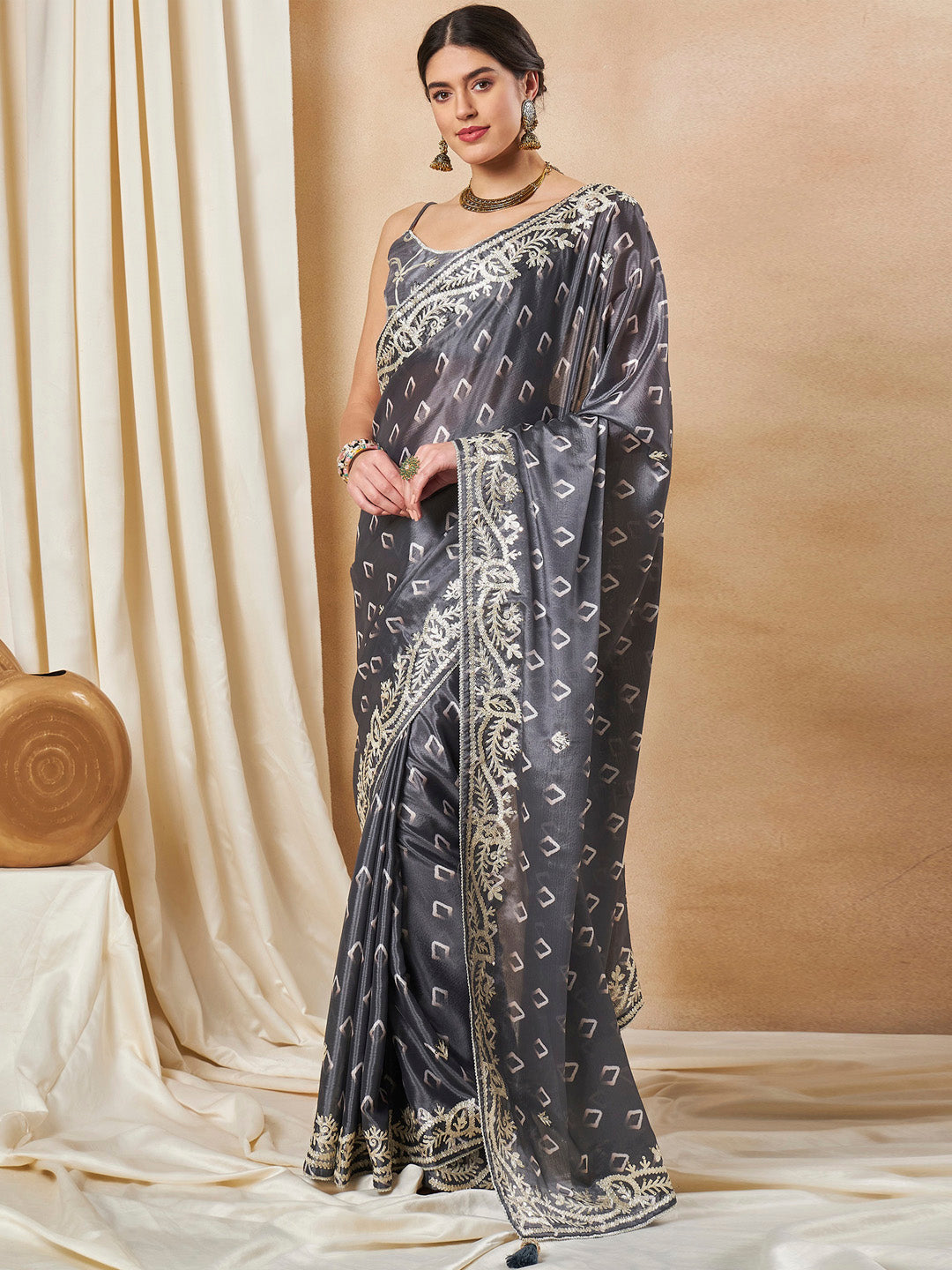 Chiffon Grey Embellished Designer Saree With Blouse