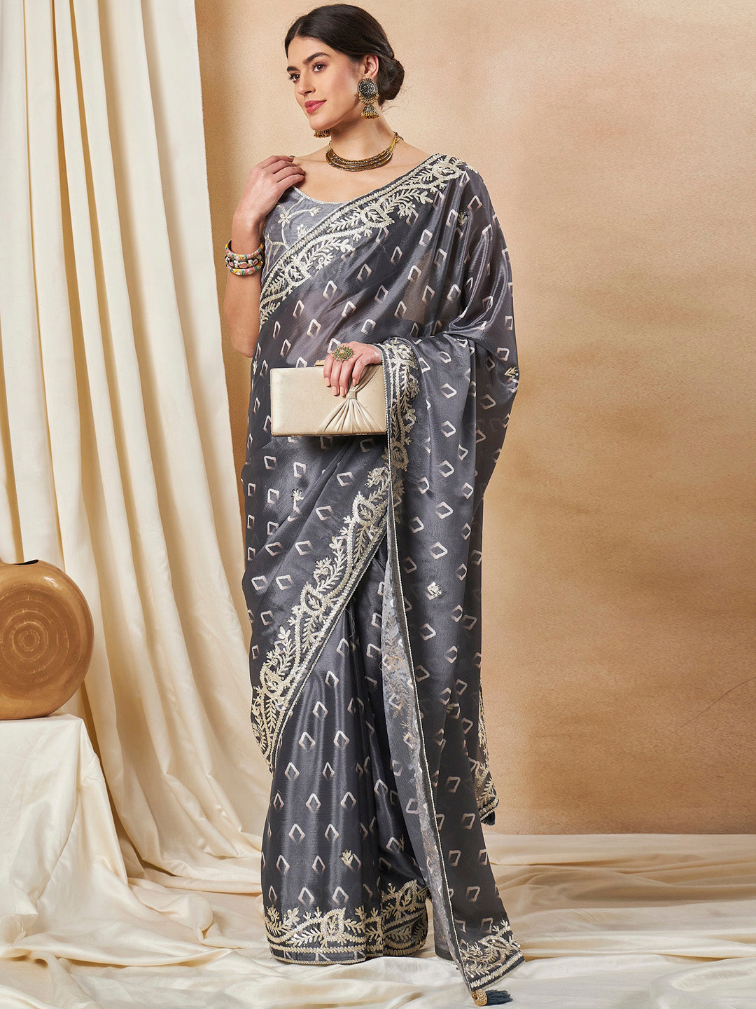 Chiffon Grey Embellished Designer Saree With Blouse