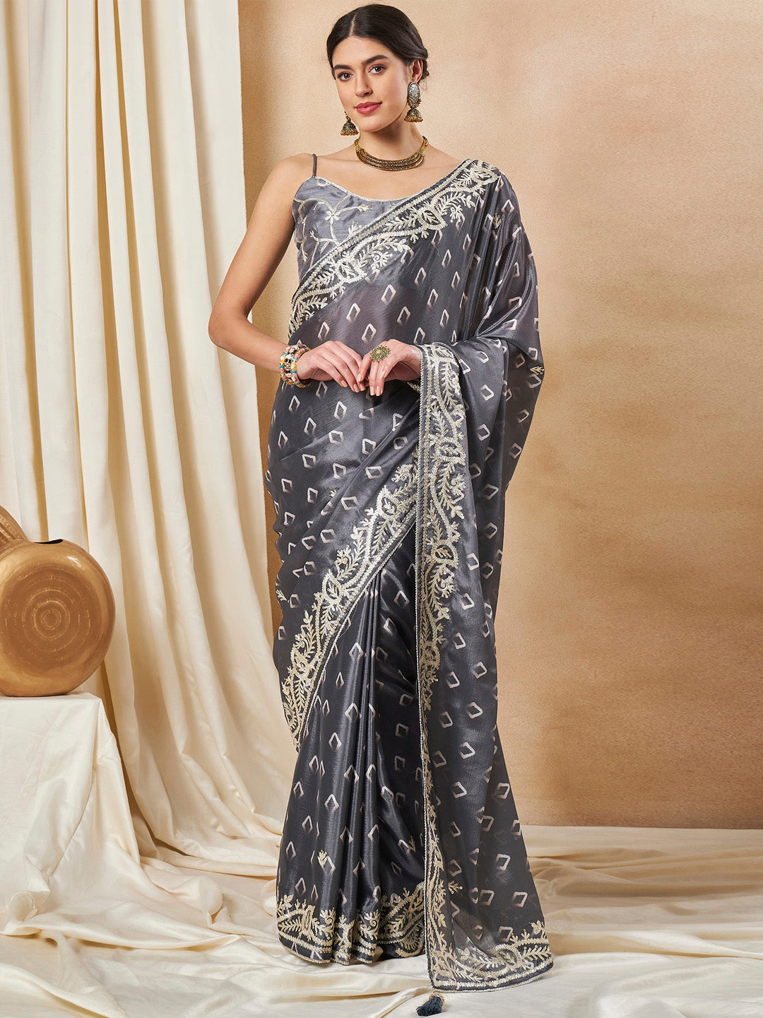 Chiffon Grey Embellished Designer Saree With Blouse