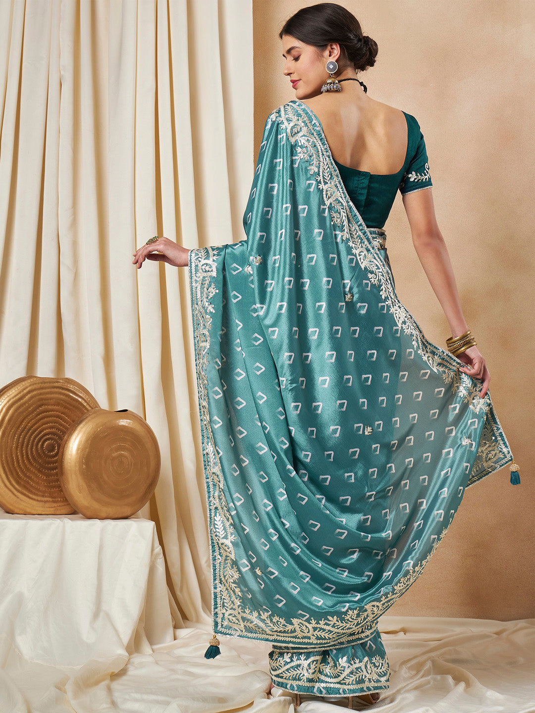 Chiffon Teal blue Embellished Designer Saree With Blouse