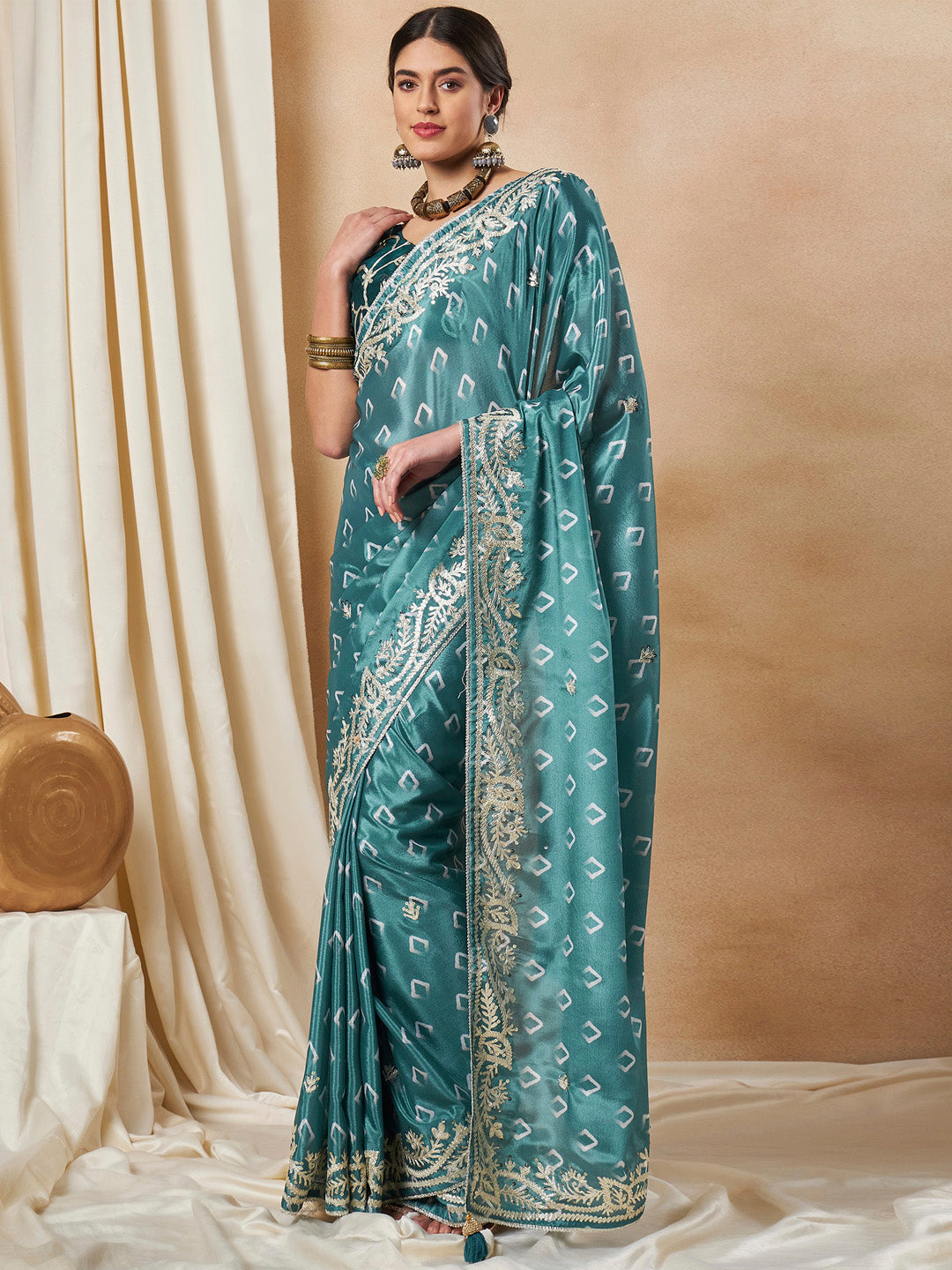 Chiffon Teal blue Embellished Designer Saree With Blouse