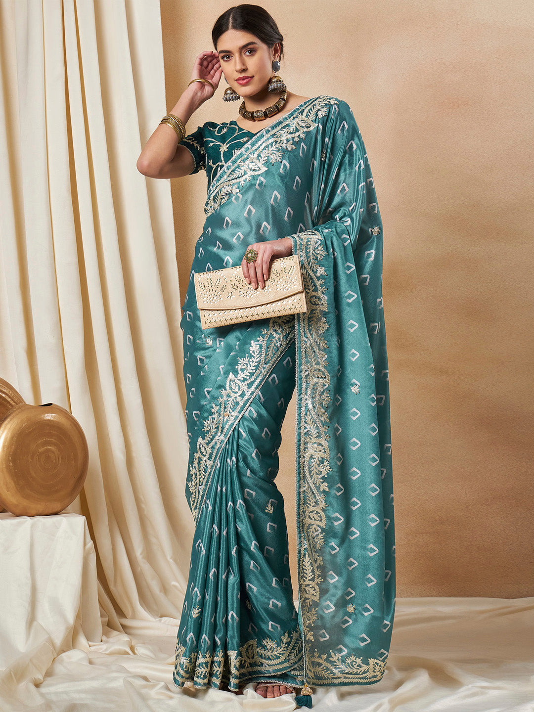 Chiffon Teal blue Embellished Designer Saree With Blouse