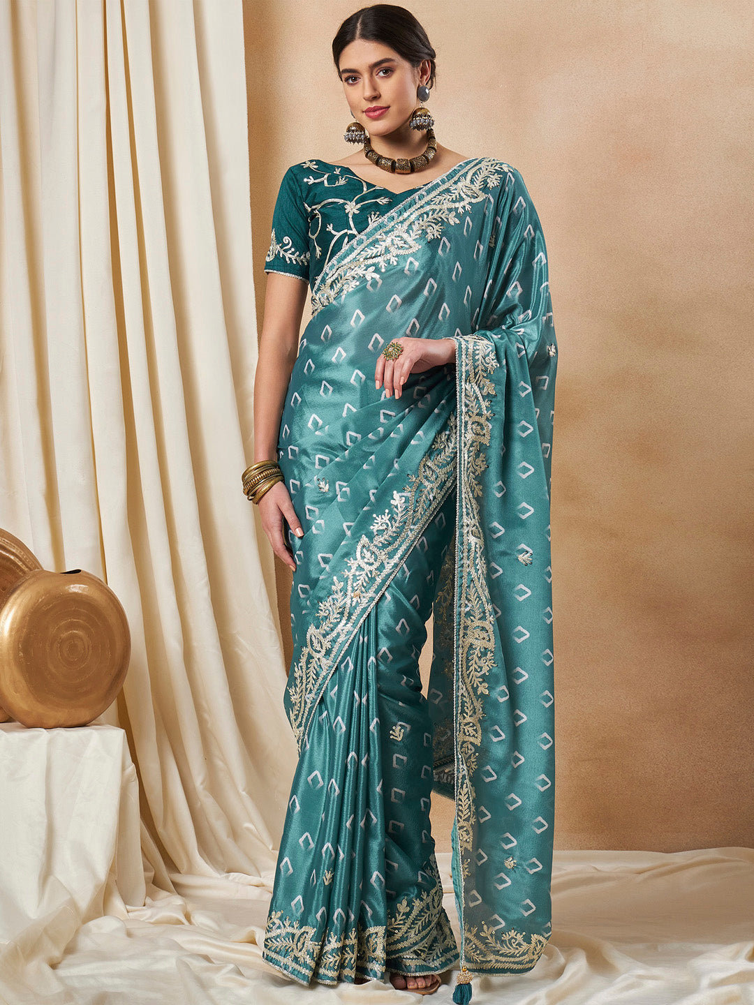 Chiffon Teal blue Embellished Designer Saree With Blouse