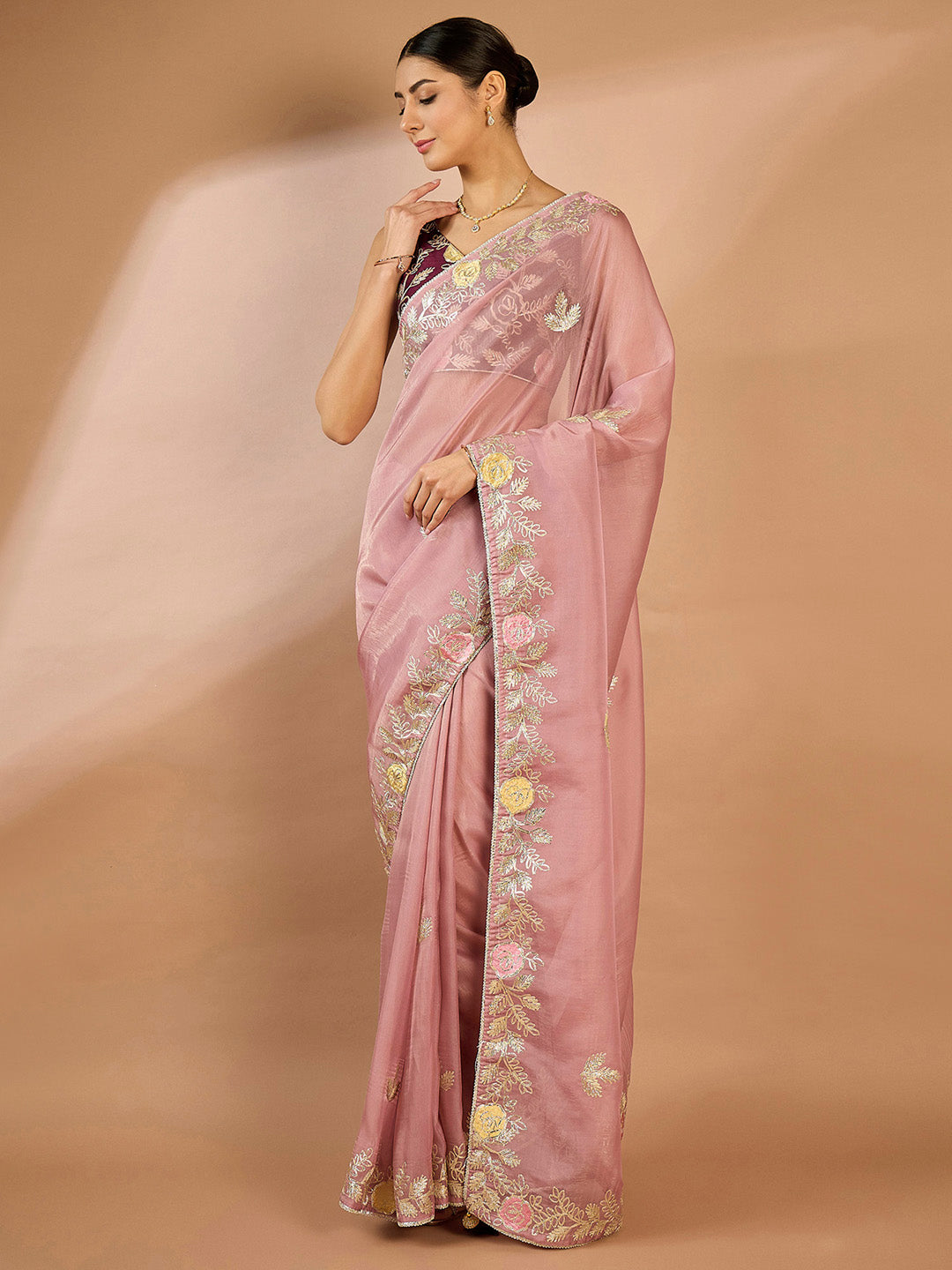 Organza Mauve Embellished Designer Saree With Blouse