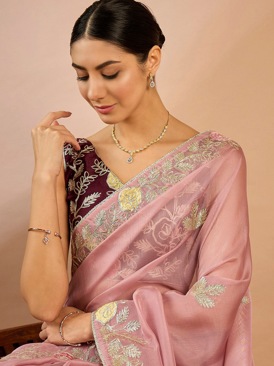 Organza Mauve Embellished Designer Saree With Blouse