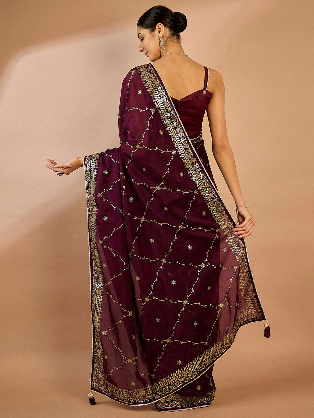 Organza Burgundy Embellished Designer Saree With Blouse