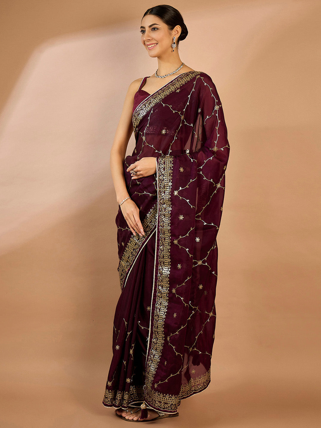 Organza Burgundy Embellished Designer Saree With Blouse