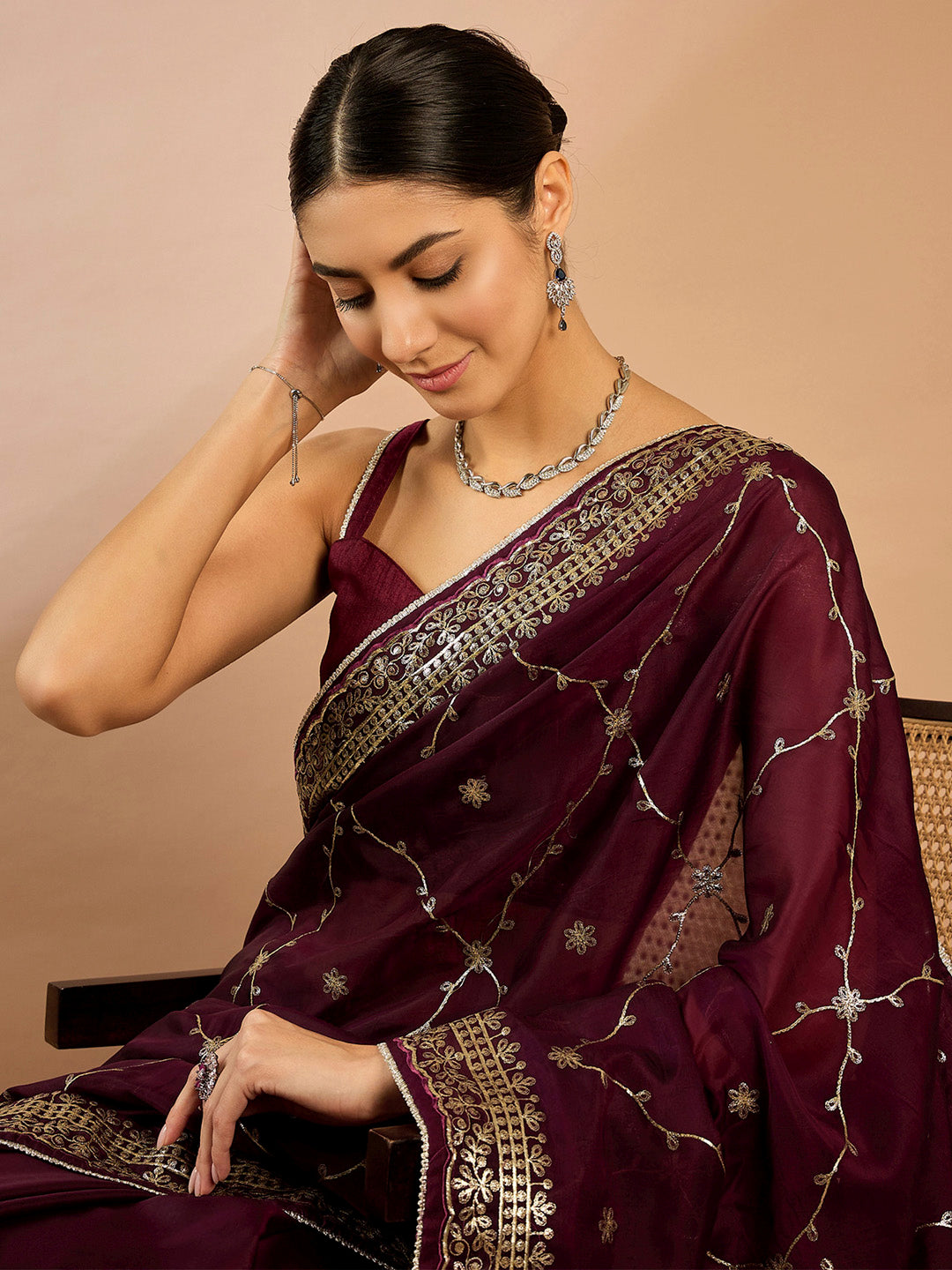 Organza Burgundy Embellished Designer Saree With Blouse