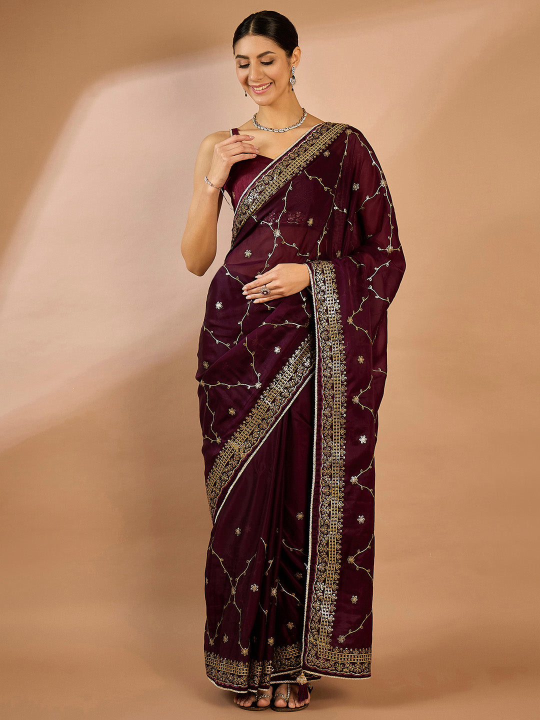 Organza Burgundy Embellished Designer Saree With Blouse