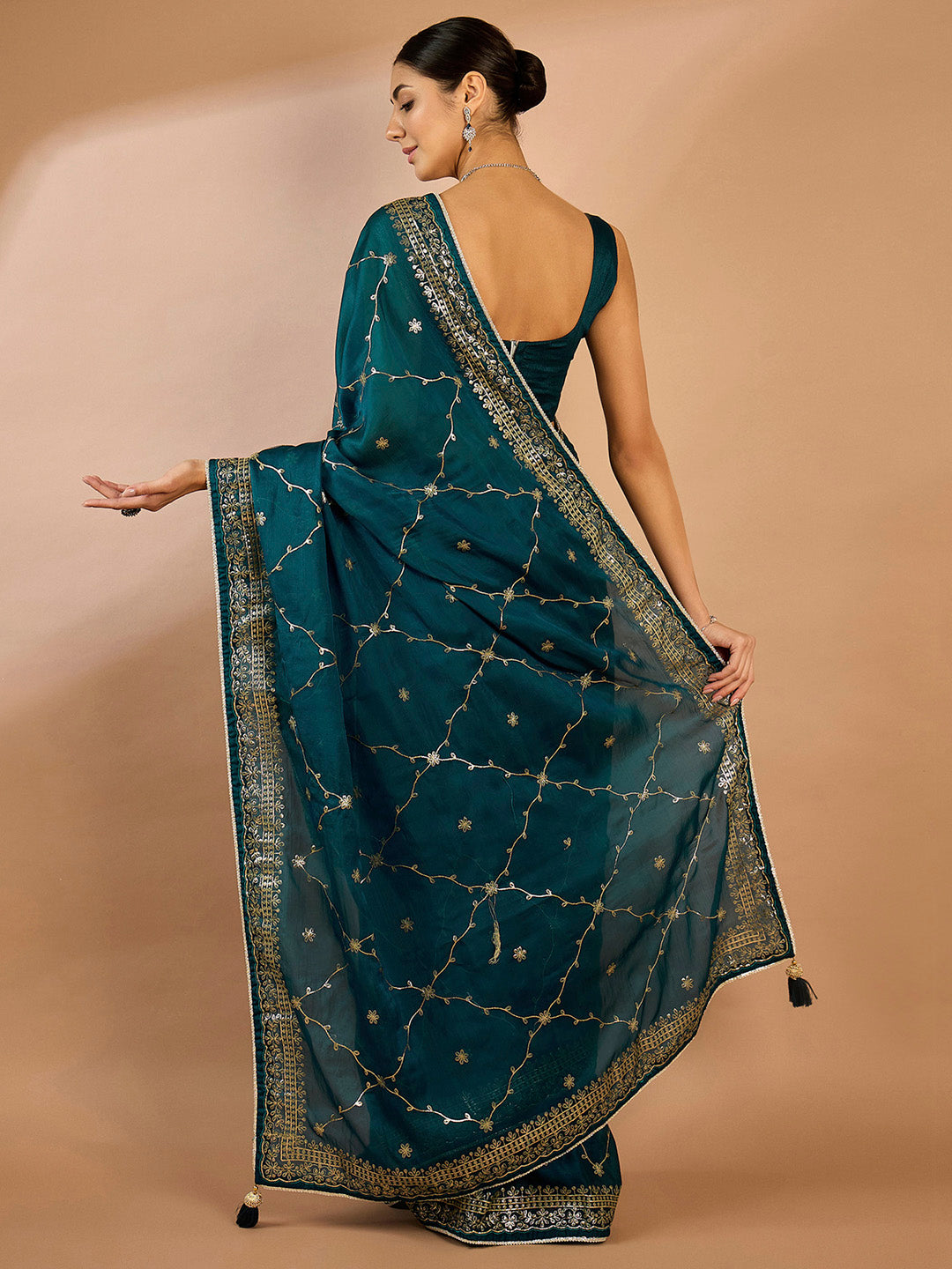 Organza Teal blue Embellished Designer Saree With Blouse