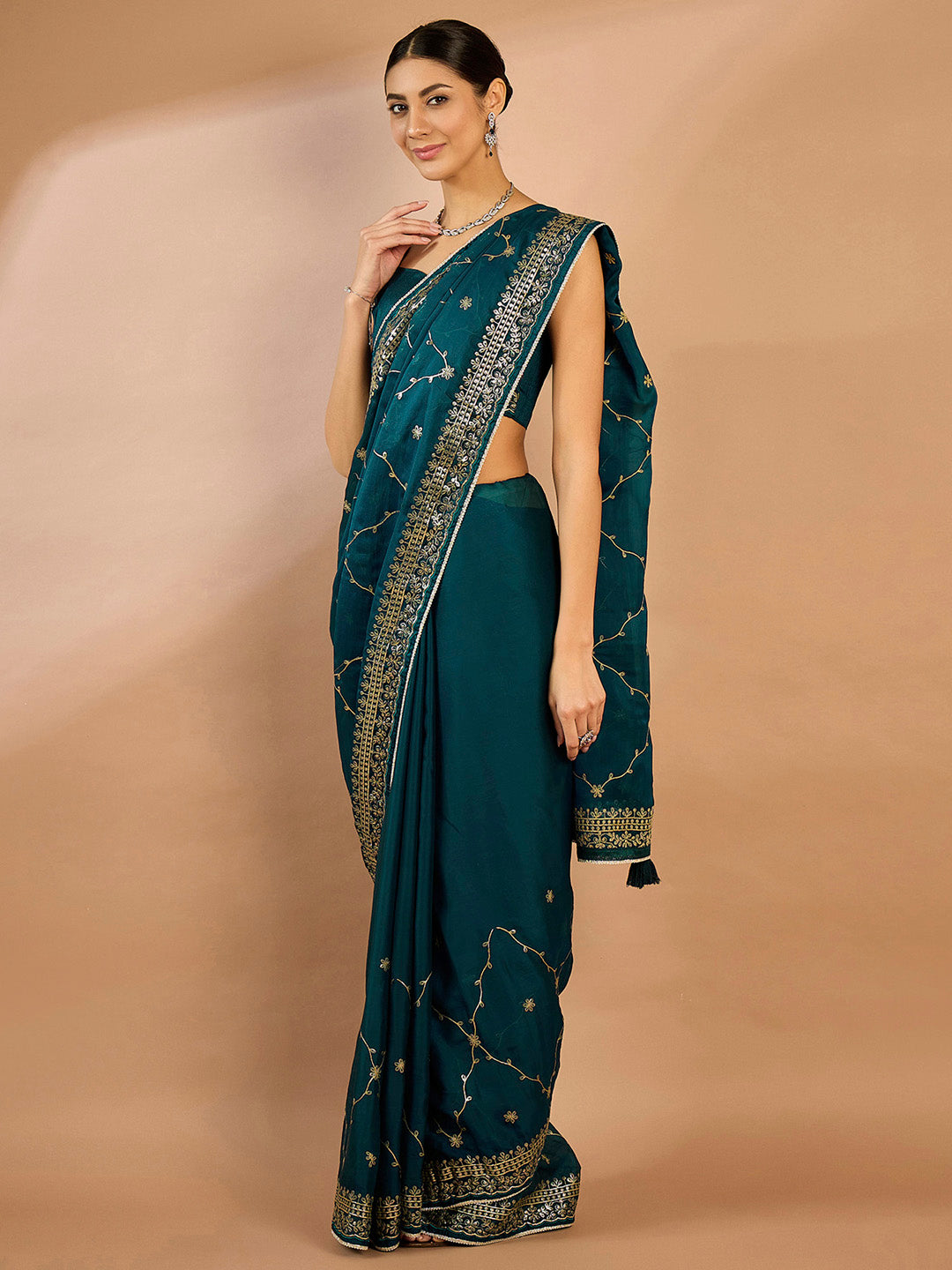 Organza Teal blue Embellished Designer Saree With Blouse