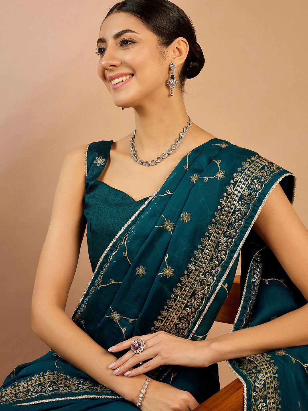 Organza Teal blue Embellished Designer Saree With Blouse