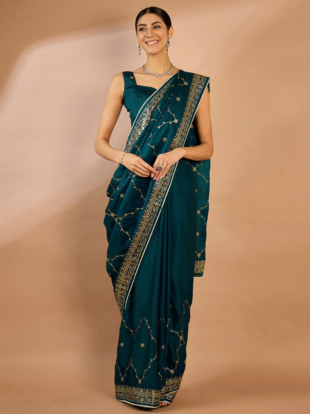 Organza Teal blue Embellished Designer Saree With Blouse