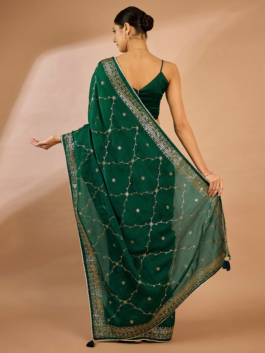 Organza Green Embellished Designer Saree With Blouse