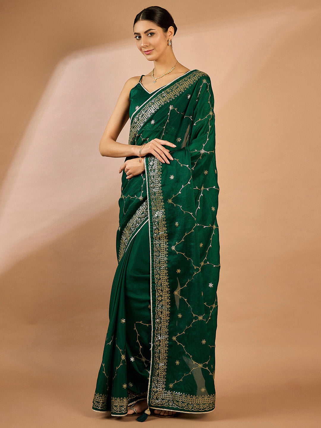 Organza Green Embellished Designer Saree With Blouse