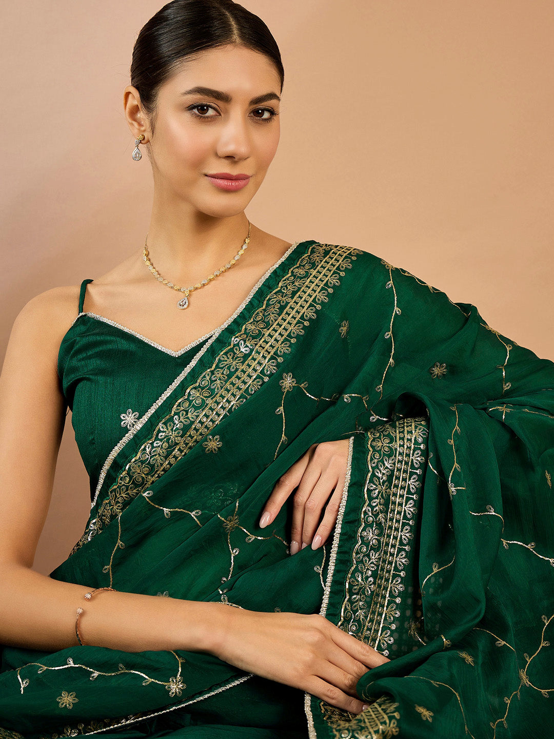 Organza Green Embellished Designer Saree With Blouse