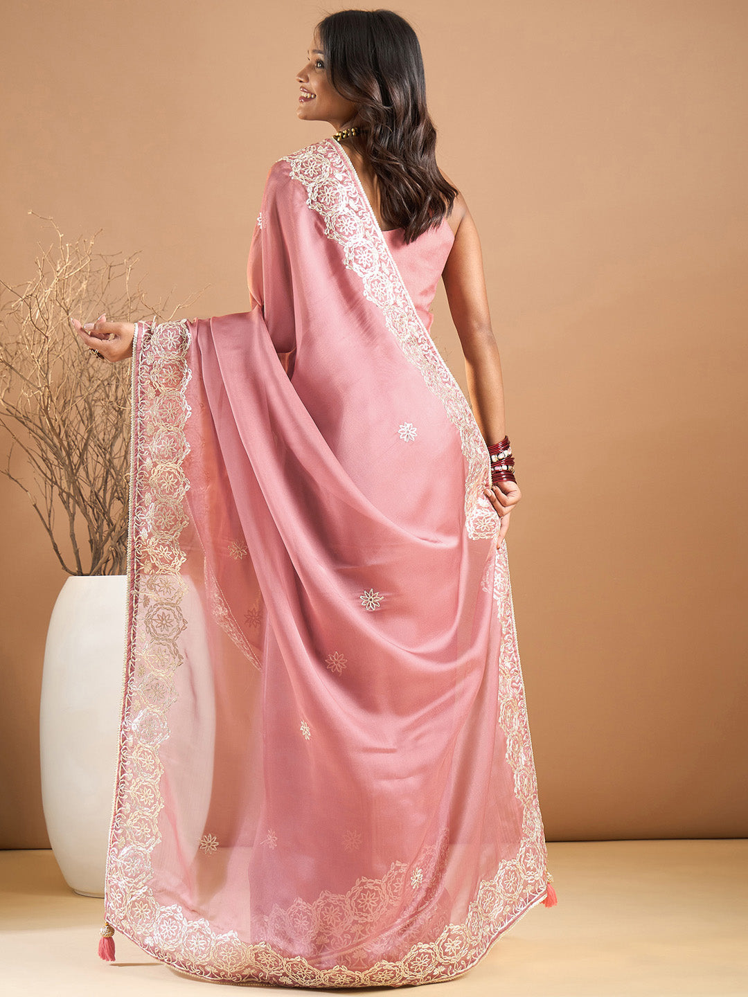 Organza Rose Gold Embroidered Designer Saree With Blouse