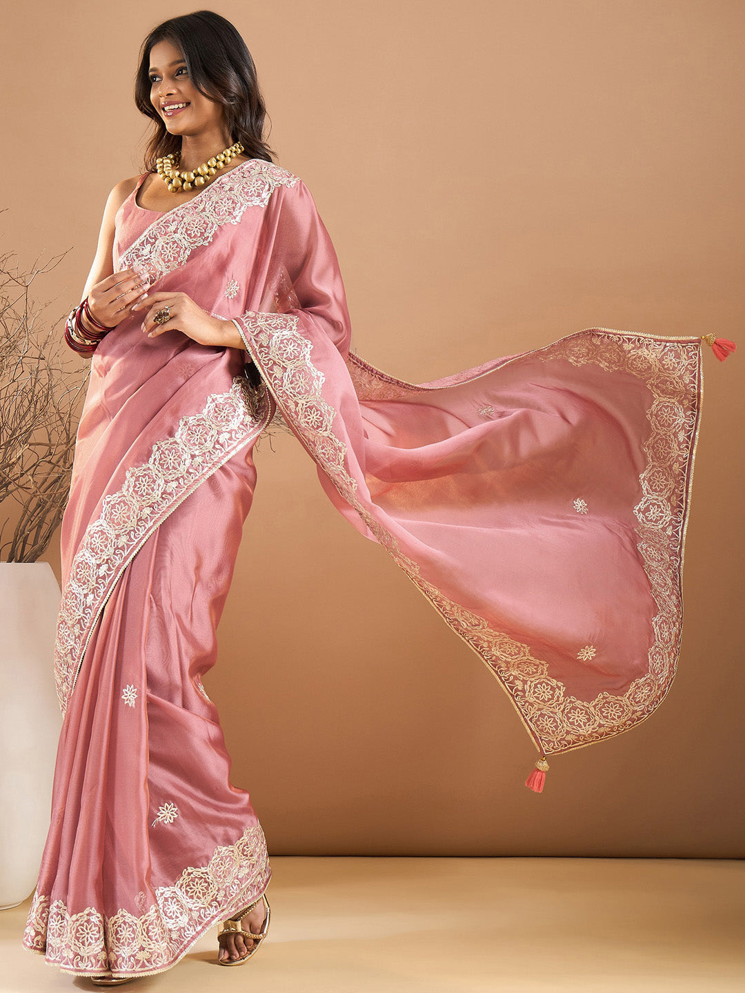 Organza Rose Gold Embroidered Designer Saree With Blouse