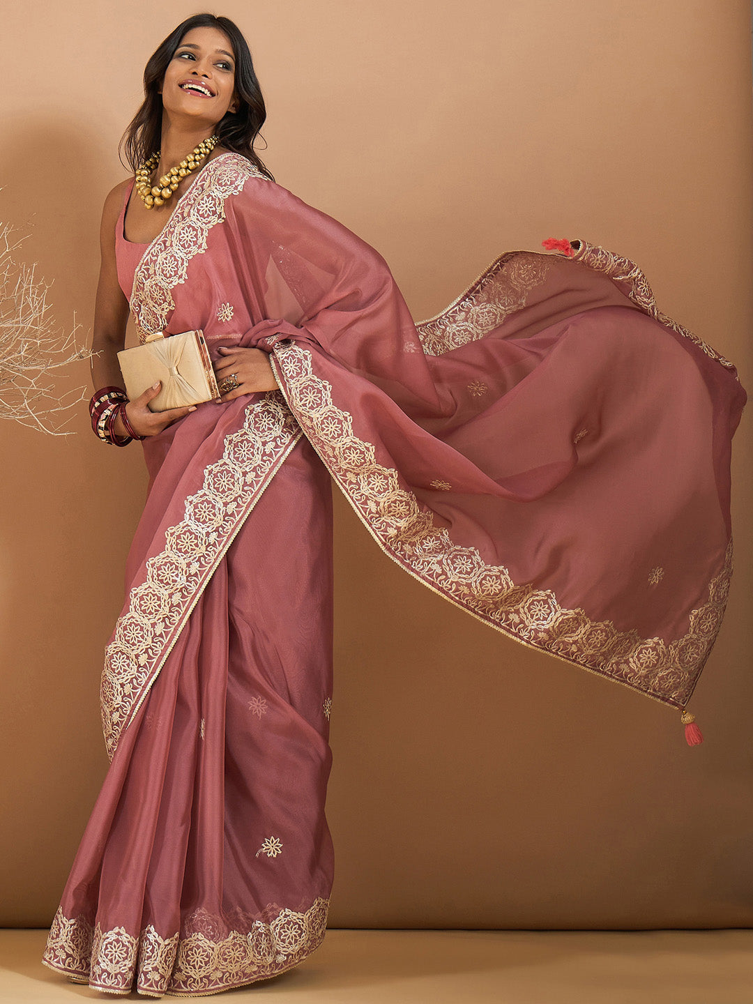 Organza Rose Gold Embroidered Designer Saree With Blouse