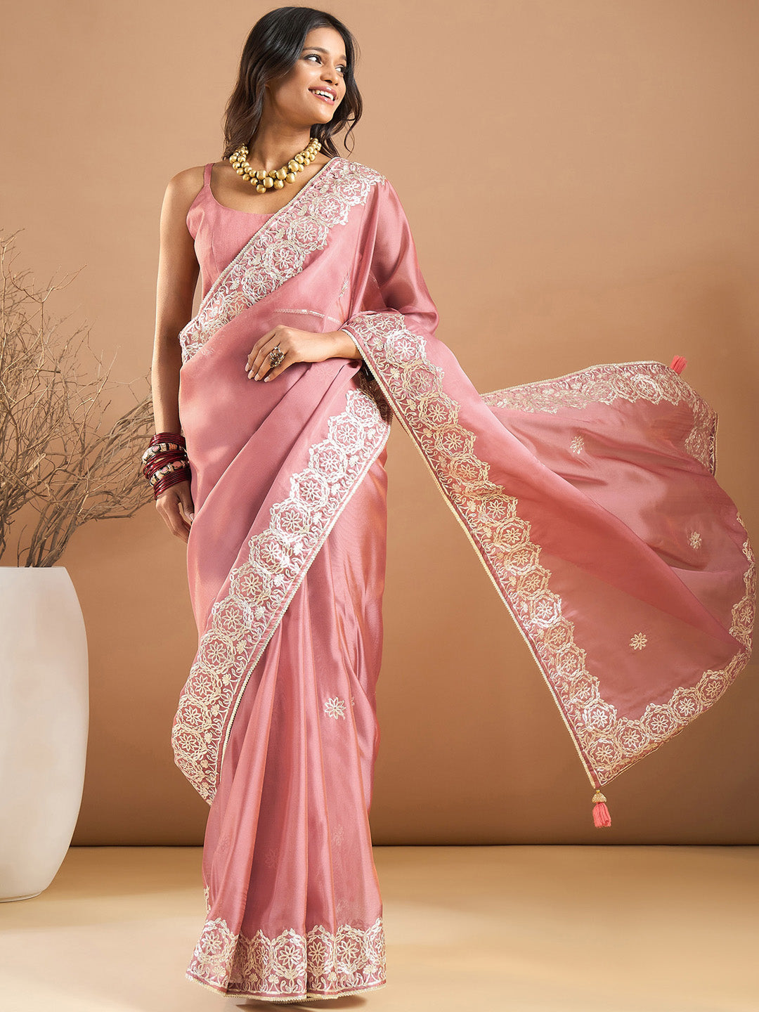 Organza Rose Gold Embroidered Designer Saree With Blouse