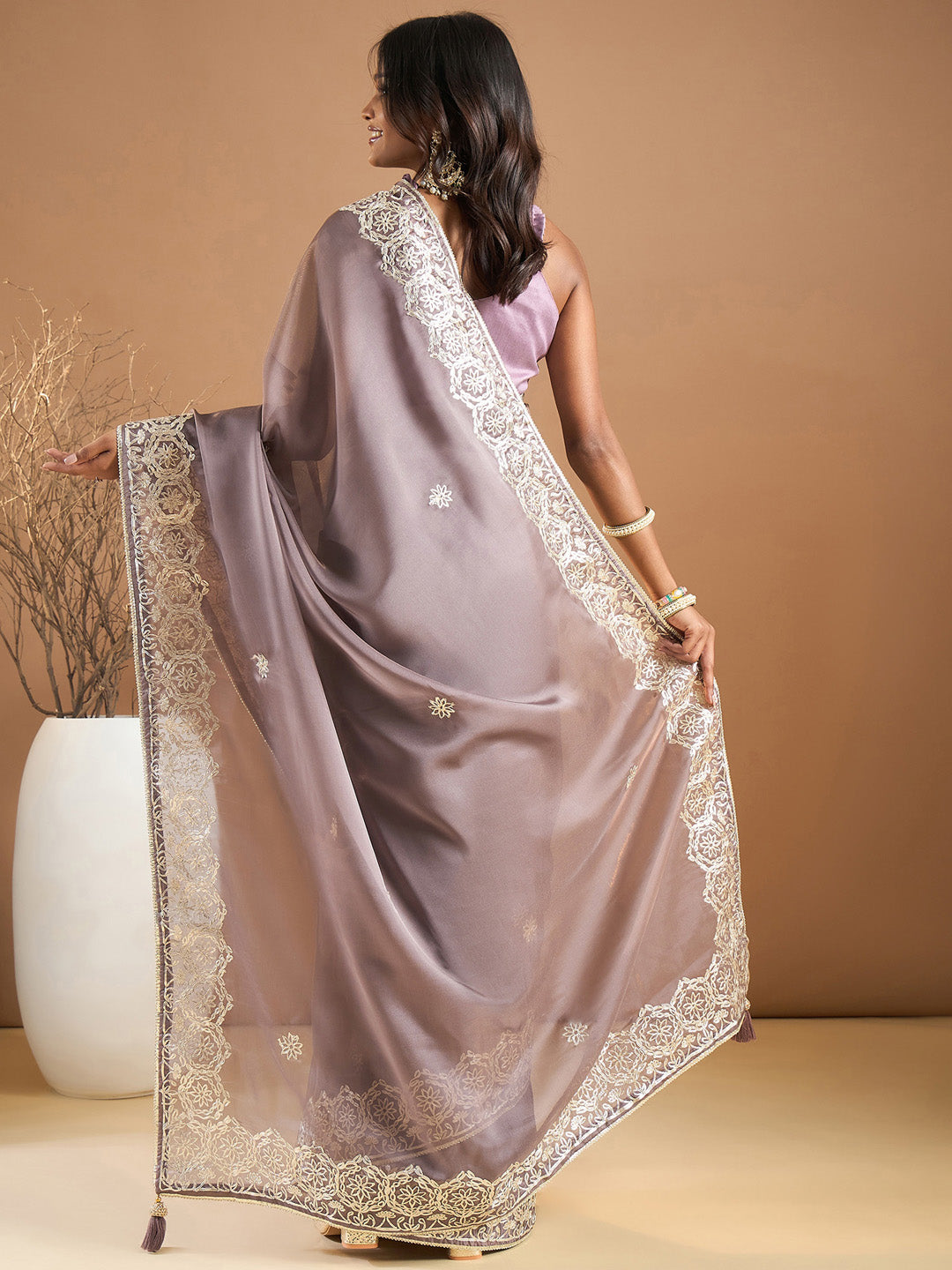 Organza Mauve Embroidered Designer Saree With Blouse