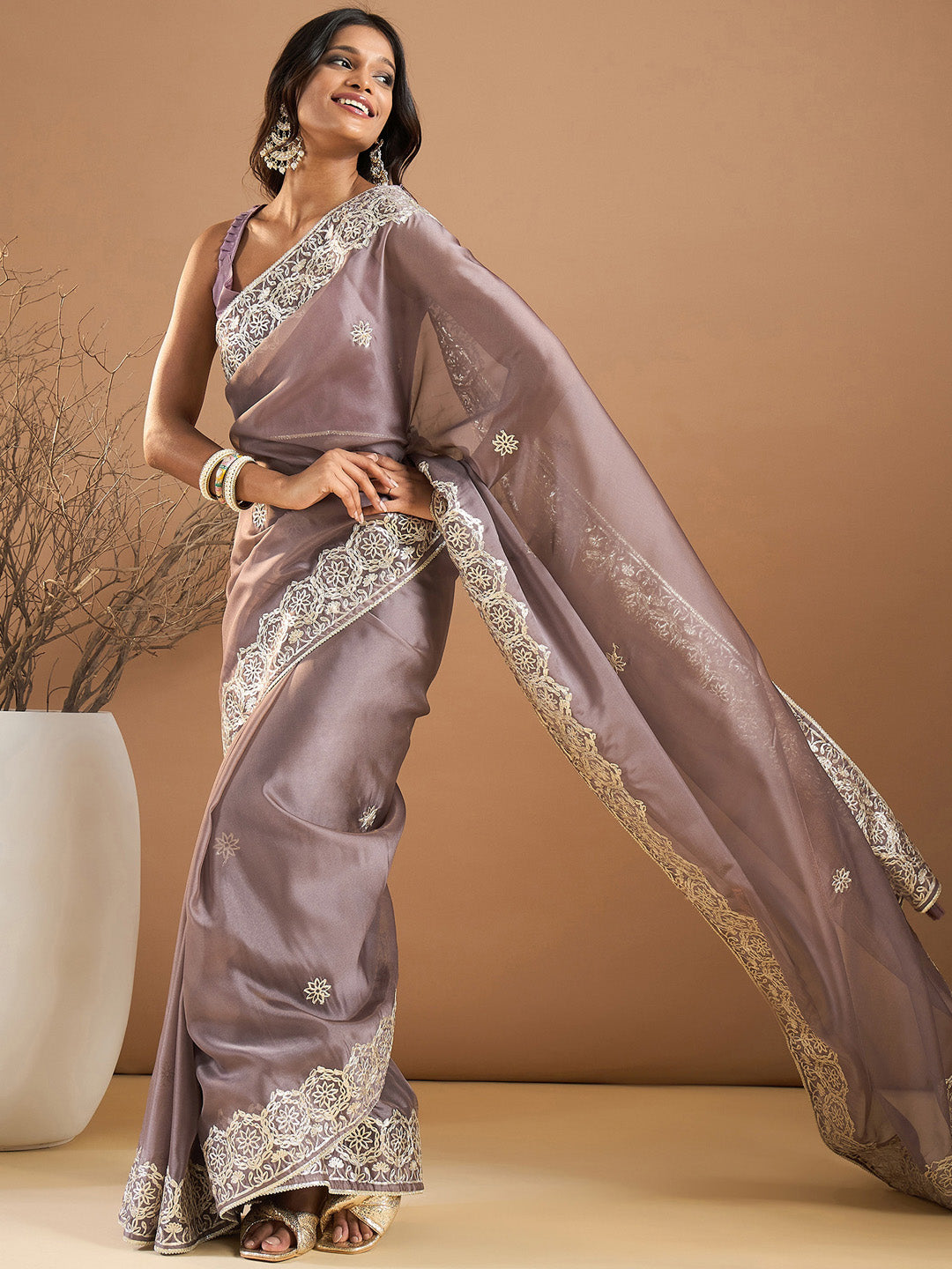 Organza Mauve Embroidered Designer Saree With Blouse