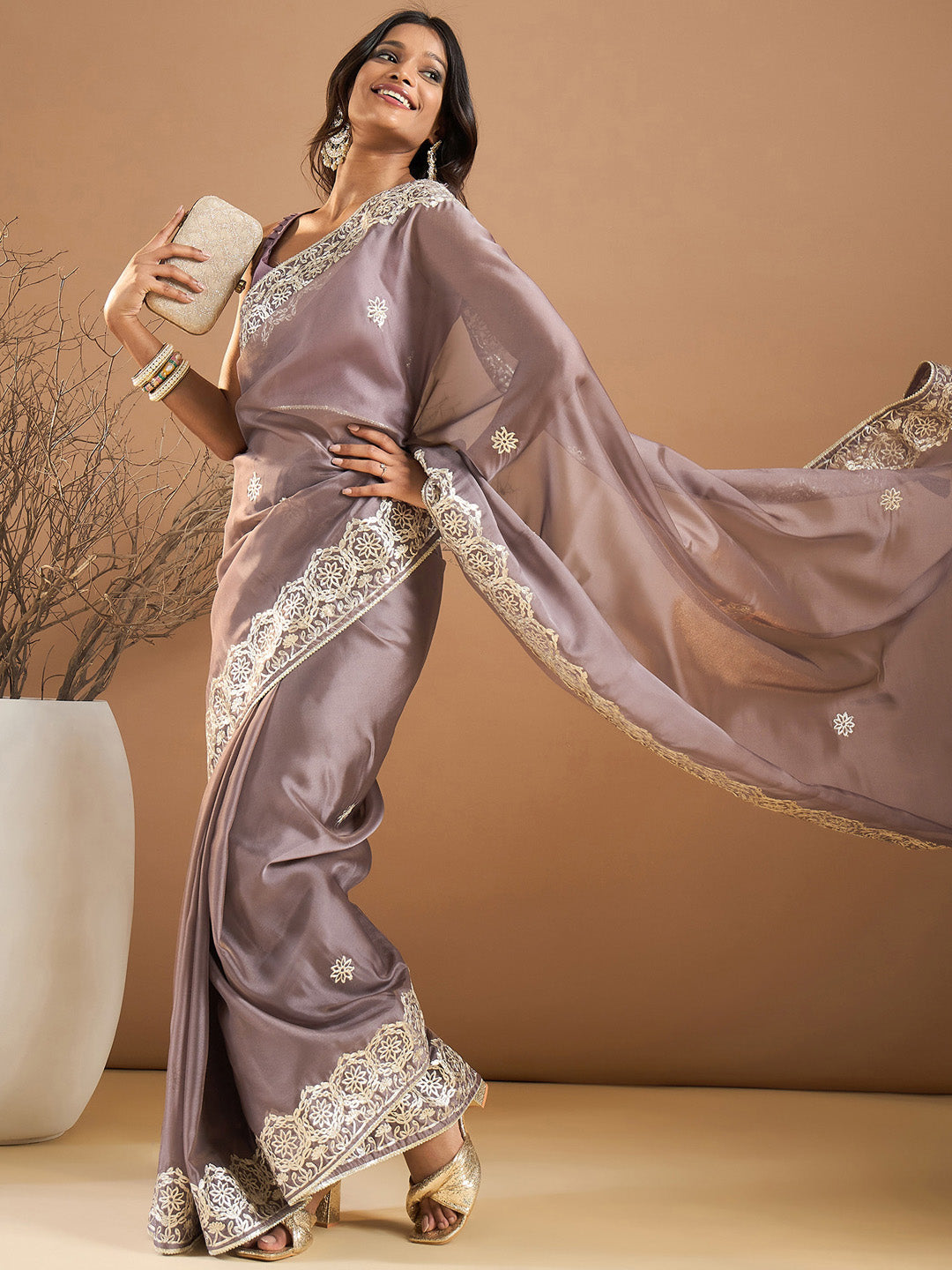 Organza Mauve Embroidered Designer Saree With Blouse