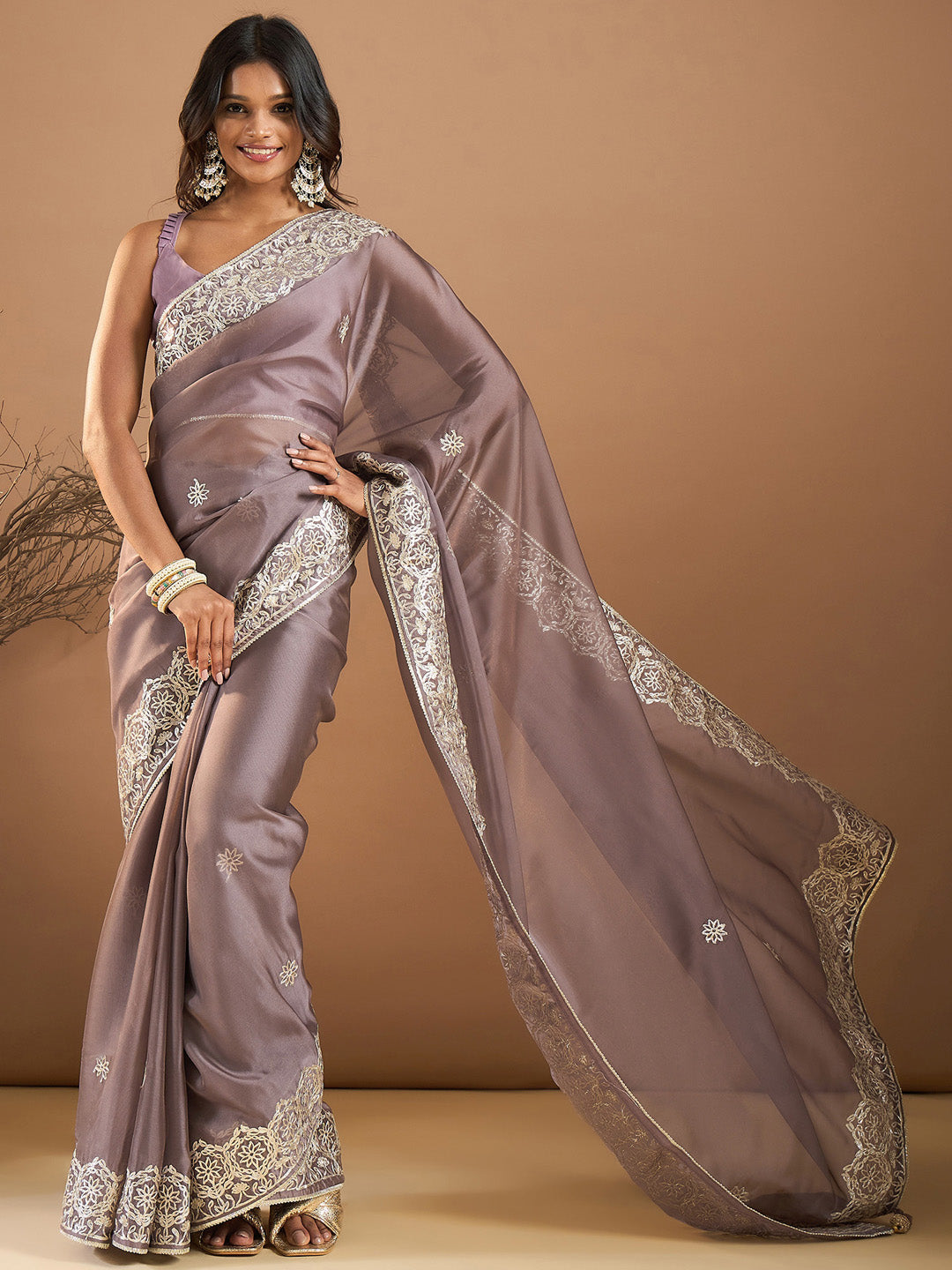 Organza Mauve Embroidered Designer Saree With Blouse