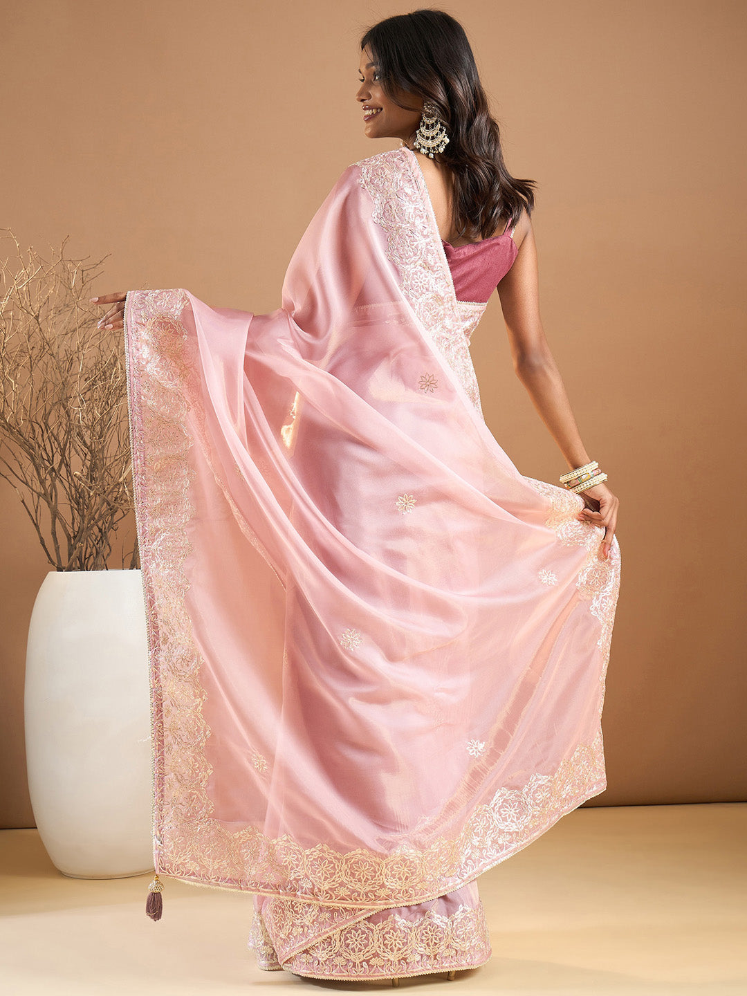 Organza Pink Embroidered Designer Saree With Blouse