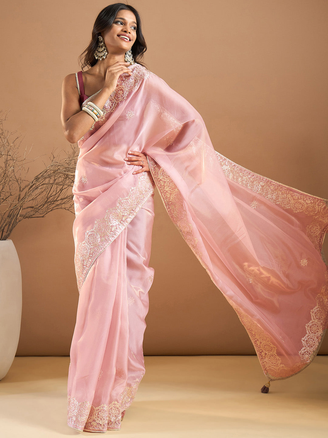 Organza Pink Embroidered Designer Saree With Blouse