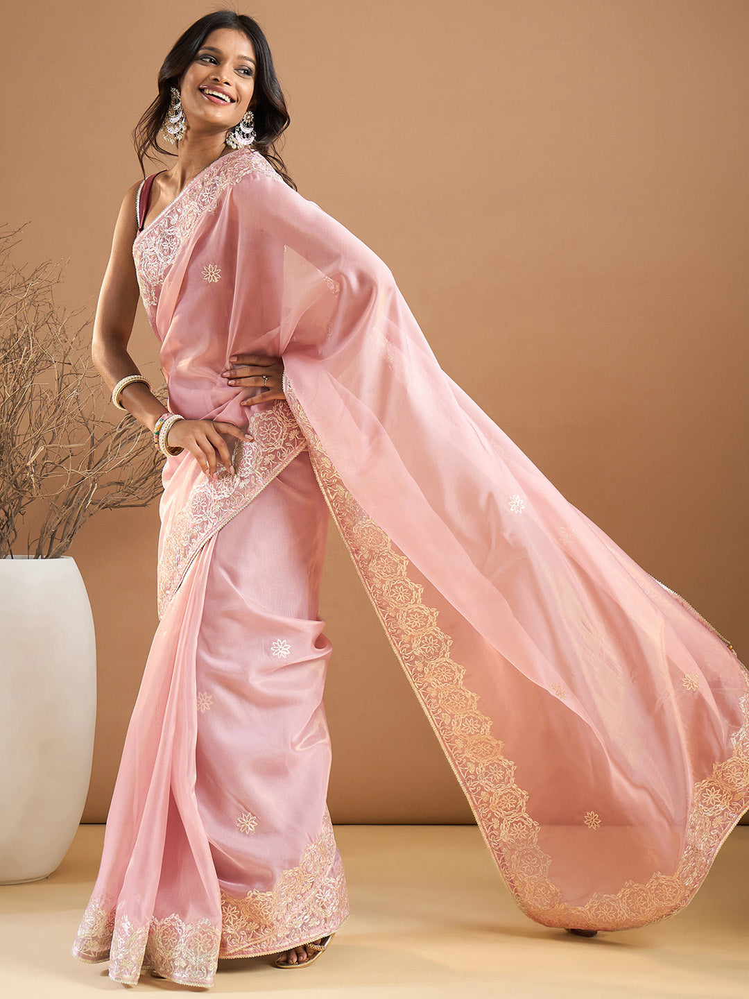 Organza Pink Embroidered Designer Saree With Blouse