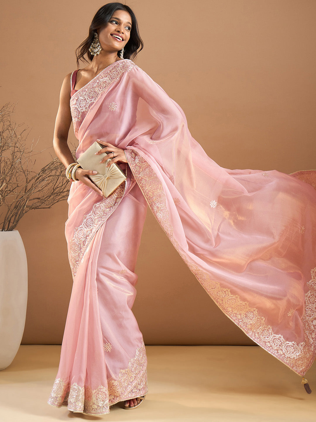 Organza Pink Embroidered Designer Saree With Blouse