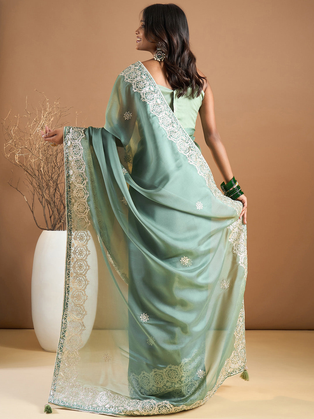 Organza Sea Green Embroidered Designer Saree With Blouse