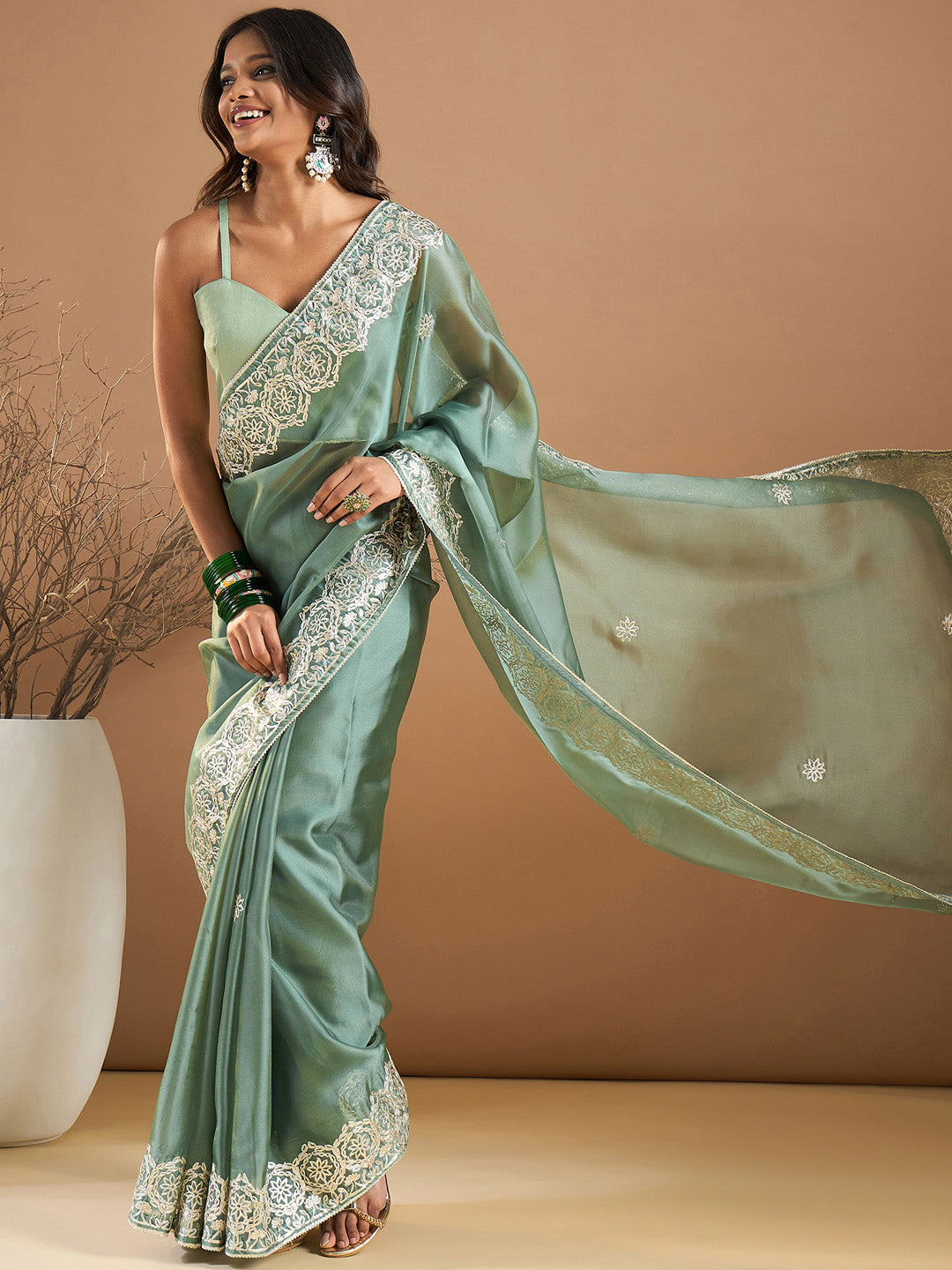 Organza Sea Green Embroidered Designer Saree With Blouse