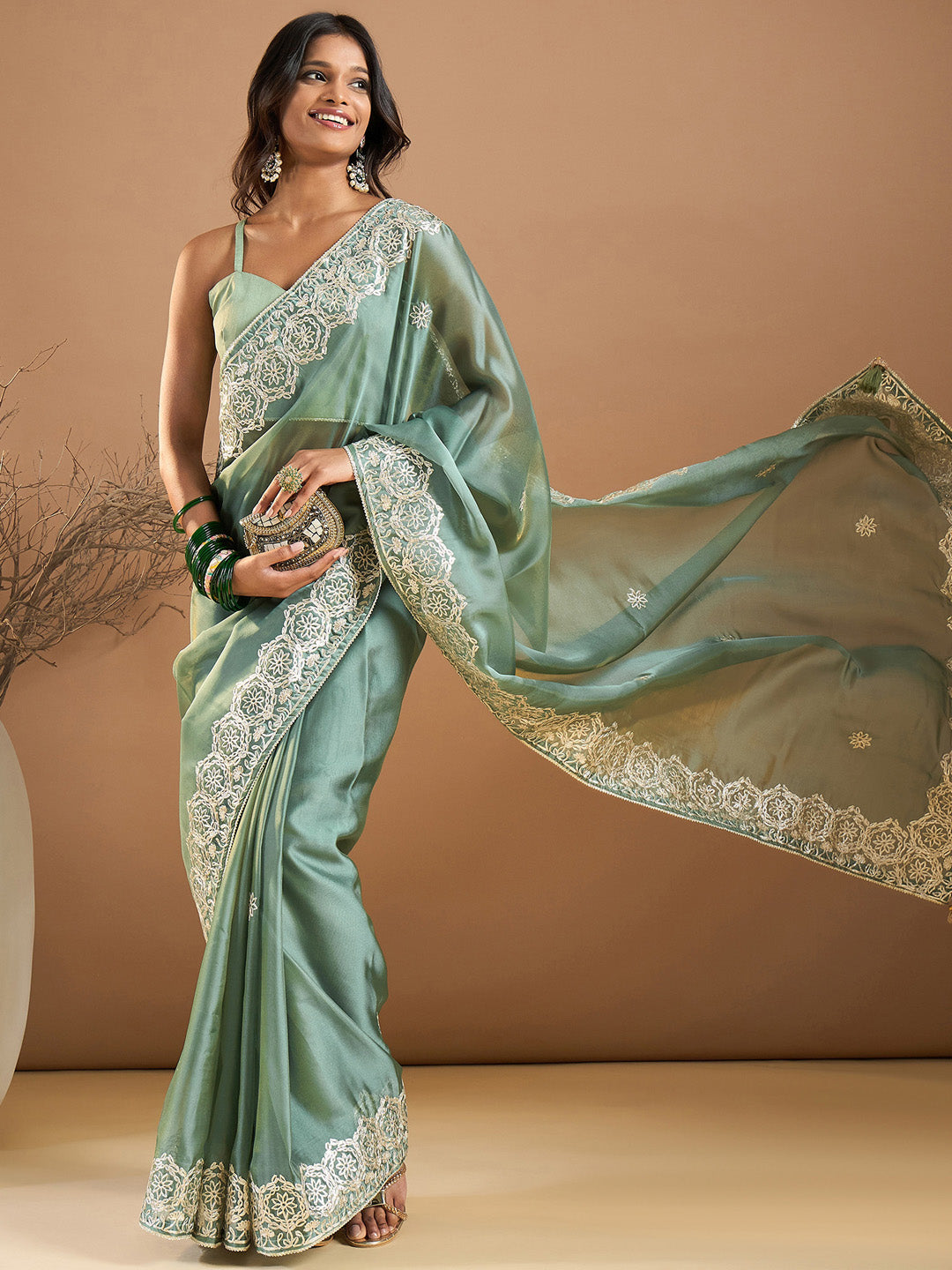 Organza Sea Green Embroidered Designer Saree With Blouse